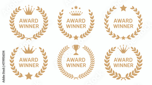 Award winner golden laurel wreaths collection with crowns, stars, and trophy icons, symbolizing victory, achievement, and success.