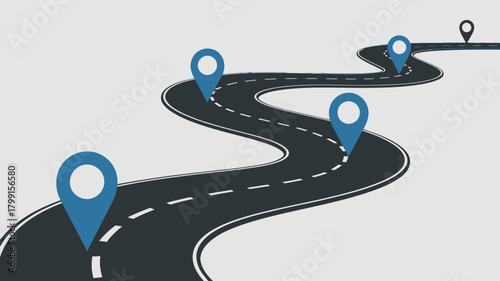 Winding road with location pins illustrating a journey, progress, business strategy, timeline, and goal achievement.
