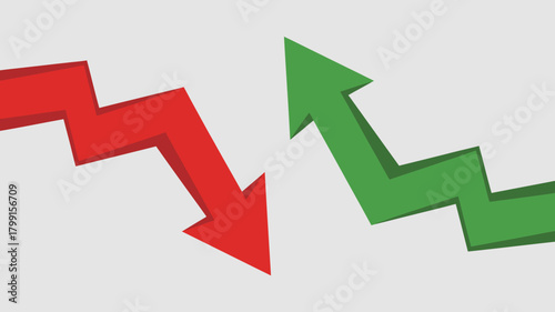 Red zigzag downturn arrow and green zigzag upturn arrow illustrating contrasting market trends and business performance.