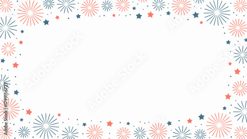 Stylized fireworks and stars border design in patriotic red, white, and blue hues, ideal for celebratory holiday backgrounds