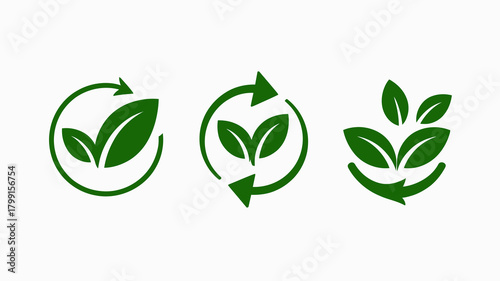 Green leaf eco-friendly symbols set with circular arrows. nature, organic, recycling, and sustainability vector icons.