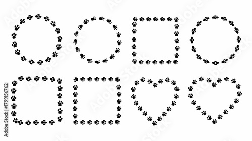 Paw print frames set: collection of animal footprint borders in circular, square, and heart shapes, isolated for pet design.