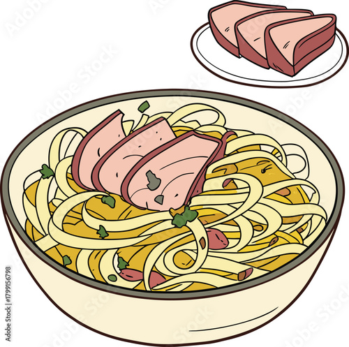 Delicious noodle with meat isolated on