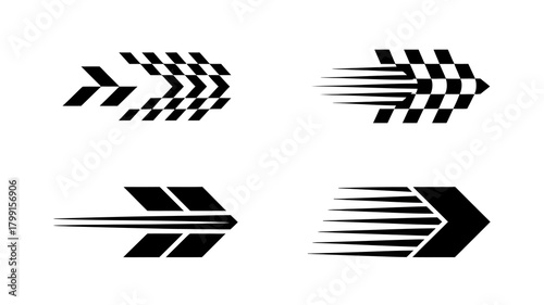 Abstract speed arrows vector set with racing flag patterns and dynamic motion lines, illustrating progress, direction, and rapid advancement