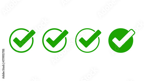 Set of diverse green checkmark icons in circles, symbolizing approval, completion, success, validation, and agreement concepts.