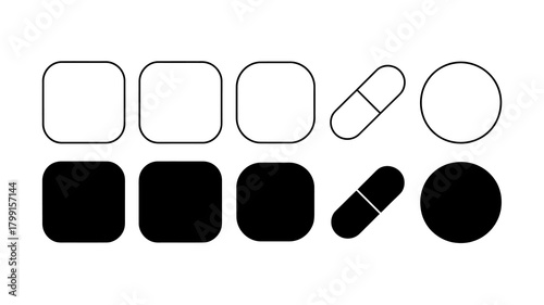 Minimalist geometric shapes collection with outline and solid fill variations, including square, circle, and capsule icons.