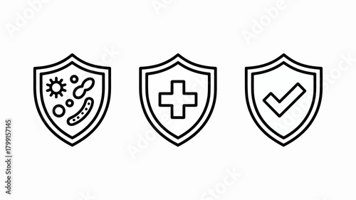 Modern line icons set of health protection, immunity, medical safety, antivirus, and quality assurance shields concepts.