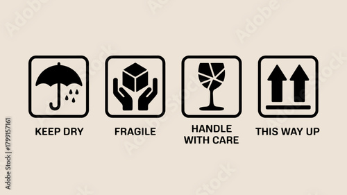 Shipping and handling symbols set: keep dry, fragile, handle with care, and this way up. essential packaging icons for logistics, delivery, and transportation.