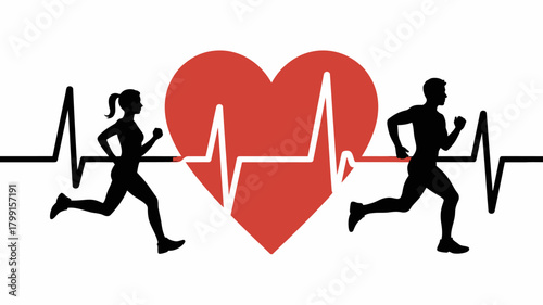 Healthy lifestyle concept with male and female runners exercising around a vibrant red heart and active electrocardiogram line