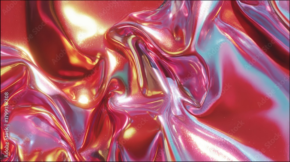 Obraz premium Fluid iridescent metallic fabric surface creating vibrant abstract background