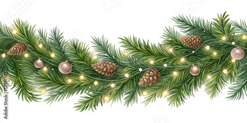 Wavy seamless Christmas fir garland with glowing holiday lights