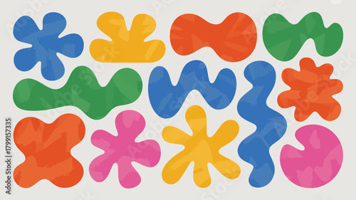 Abstract colorful organic blob shapes set with grunge texture. modern fluid liquid forms collection for creative design.