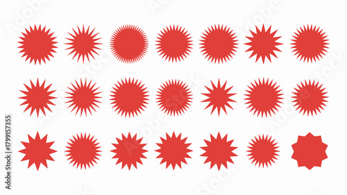 Versatile collection of red starburst and sunburst shapes, ideal for eye-catching promo badges, sale tags, and discount offers.