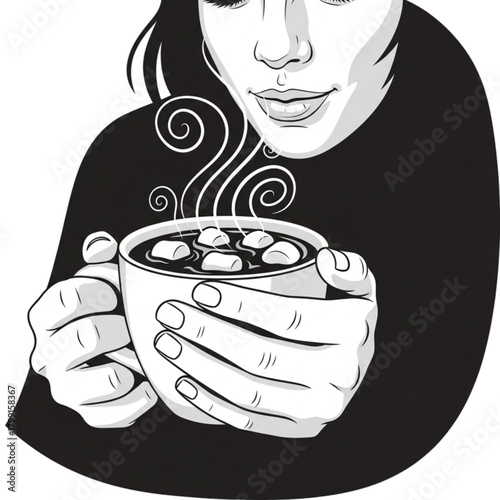 Black and white illustration of a person holding a steaming mug of hot chocolate.