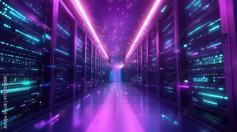 Fototapeta premium Data center corridor with glowing server racks and network data