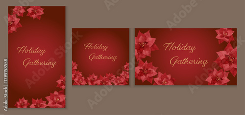 水彩画のポインセチア クリスマスカード Gathering Card Set Red Background
