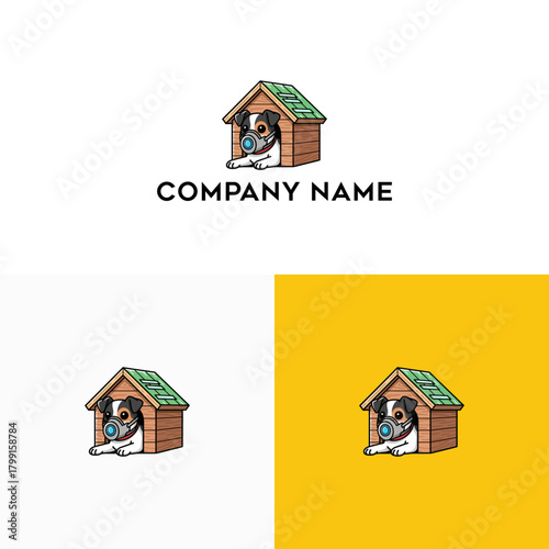 A charming jack russell terrier puppy in a doghouse wearing a protective mask