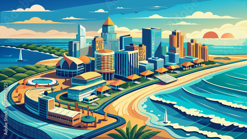 Very beautiful aerial view of the Atlantic City waterline showcasing sweeping coastal scenery, gentle waves, and a bright shoreline with modern buildings and serene ocean atmosphere.