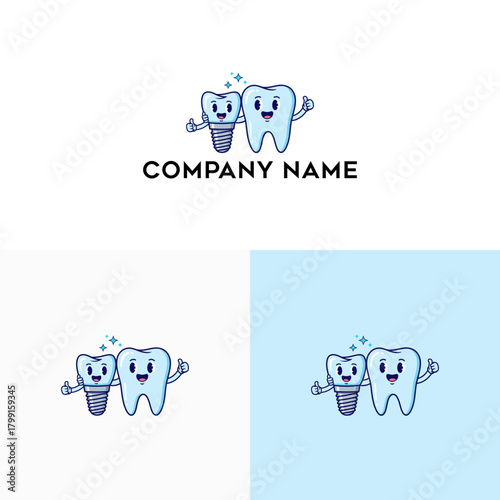 Happy cartoon teeth characters, one is a dental implant, smiling and waving, representing dental health and care services