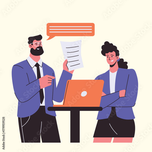 Business business colleagues discussing important documents to finalize operational agreements illustration