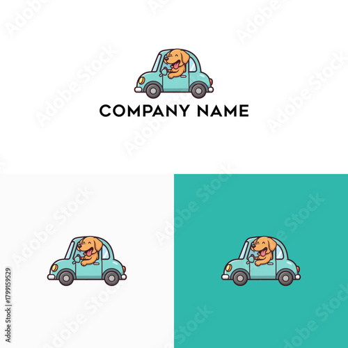 Cute cartoon dog mascot driving a blue vintage car. A happy golden retriever character for a pet transportation or animal care business logo