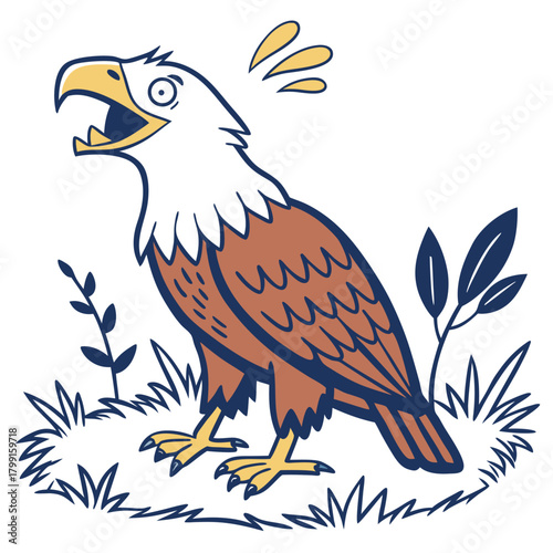Cartoon Eagle Roaring Out Loud with Open Mouth Isolated on White Background