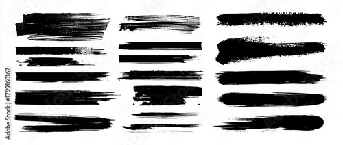 Black grunge ink brush strokes and hand-drawn vector textures with bold smudges, organic paint lines and large empty space for text on clean white background