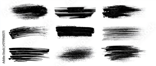 Black grunge ink brush strokes and hand-drawn vector textures with bold smudges, organic paint lines and large empty space for text on clean white background