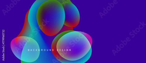 Abstract colorful shapes overlap purple backdrop. Modern design elements create vibrant visual experience. Smooth gradients enhance aesthetic appeal.