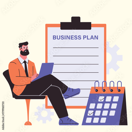 Business entrepreneur reviewing a comprehensive business plan to prepare strategic company direction illustra