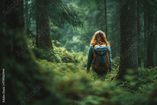 Hiker walks through a lush green forest with tall trees and mossy ground