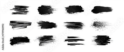Black grunge ink brush strokes and hand-drawn vector textures with bold smudges, organic paint lines and large empty space for text on clean white background