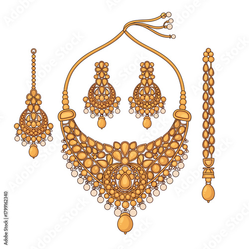 Exquisite indian bridal jewelry set isolated on a stunning ensemble of necklace, earrings, maang tikka, and bracelet for the perfect wedding look