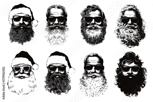 A collection of stylized black and white portraits of men with beards wearing sunglasses and some with Santa hats