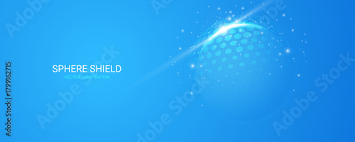 Glowing dome shield sphere on blue background. Modern transparent glass structure with hexagon grid. Cyber protection concept. UV protection ultraviolet. Vector illustration.