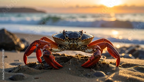 Fototapeta Naklejka Na Ścianę i Meble -  A crab sits on a sandy beach with breaking waves behind it under a warm, golden sunrise sky