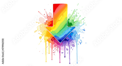 Colorful rainbow downward arrow with splashes of paint  