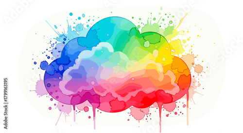Colorful watercolor cloud with splashes in vibrant hues  