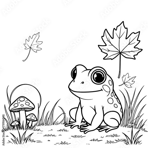 Frog sitting in grass with mushrooms and maple leaf coloring page vector illustration