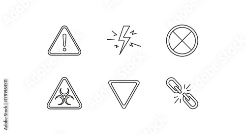 Set of warning and danger signs including hazard, electricity, prohibition, biohazard, caution, and broken link symbols.