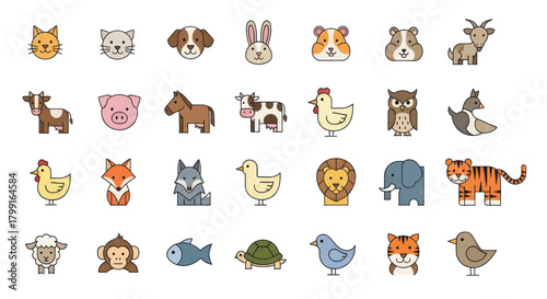 Collection of diverse and friendly animal icons, perfect for educational or playful designs.