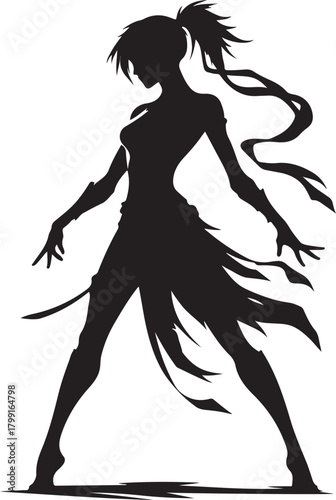 A silhouette of a female warrior, standing with her sword. She has long hair in a ponytail.