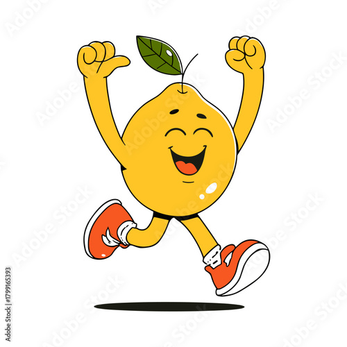 Joyful lemon cartoon mascot runs with glee