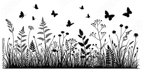 Meadow Herbs and Flying Butterflies – Blooming Spring Flower Field with Wildflowers, Grass Stems and Summer Nature Illustration in Fresh Botanical Style