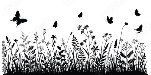 Meadow Herbs and Flying Butterflies – Blooming Spring Flower Field with Wildflowers, Grass Stems and Summer Nature Illustration in Fresh Botanical Style