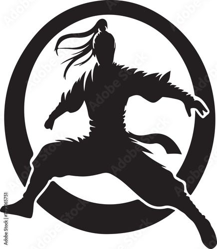 A silhouette of a Chinese warrior with a ponytail, captured in a dynamic stance, set within a circle. The image is black and white.