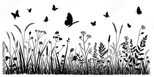 Meadow Herbs and Flying Butterflies – Blooming Spring Flower Field with Wildflowers, Grass Stems and Summer Nature Illustration in Fresh Botanical Style