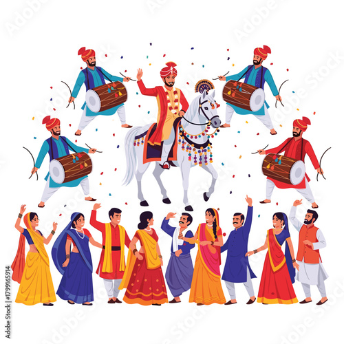 A vibrant indian wedding procession with the groom on a horse, dancers, and drummers isolated on a colorful celebration of love and tradition