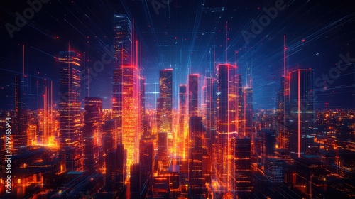 Smart city connecting data network with glowing skyscrapers