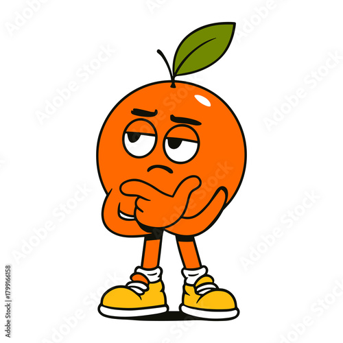 Pensive Orange Mascot Thinking Deeply Now